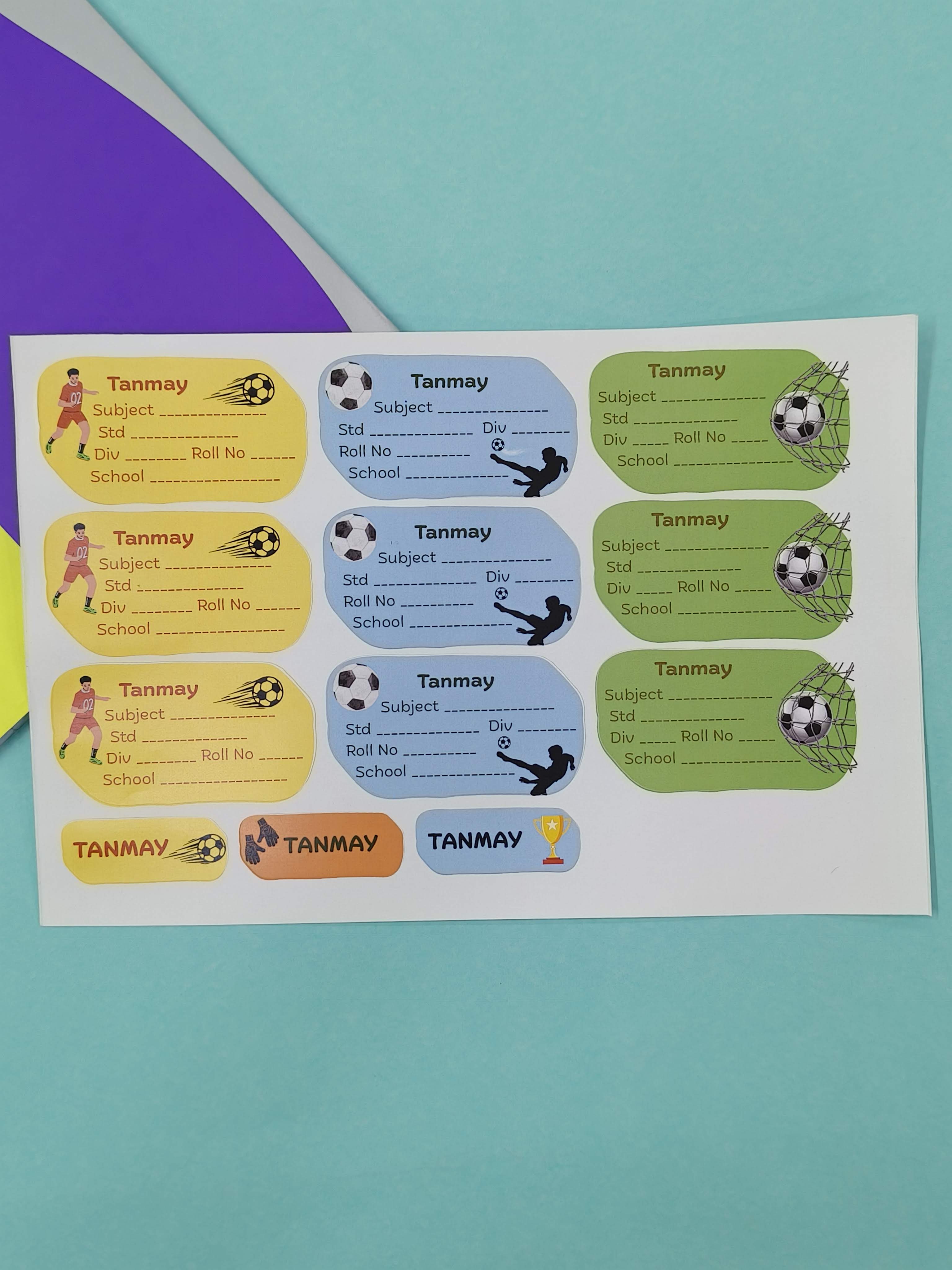 Personalized School Lables and Name Stickers | Football Theme School Lables and Name Stickers | Custome Waterproof Name Label for Books, Notebooks, Water Bottles, Tiffins, Stationery, 27 Pieces