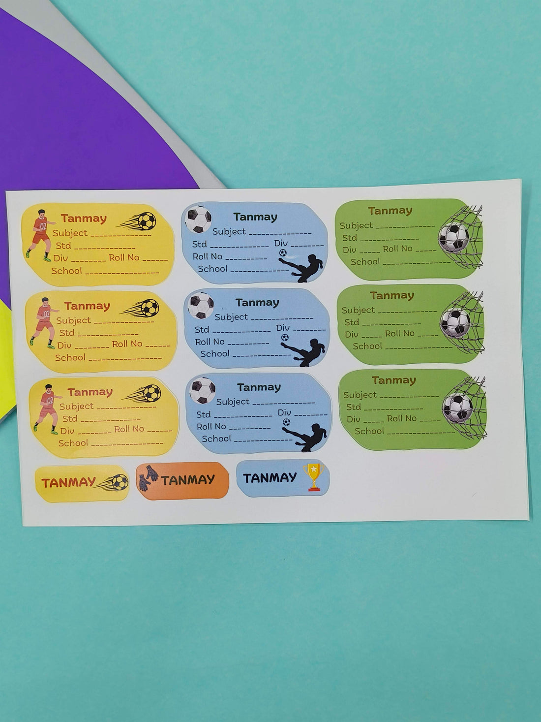 Personalized School Lables and Name Stickers | Football Theme School Lables and Name Stickers | Custome Waterproof Name Label for Books, Notebooks, Water Bottles, Tiffins, Stationery, 27 Pieces