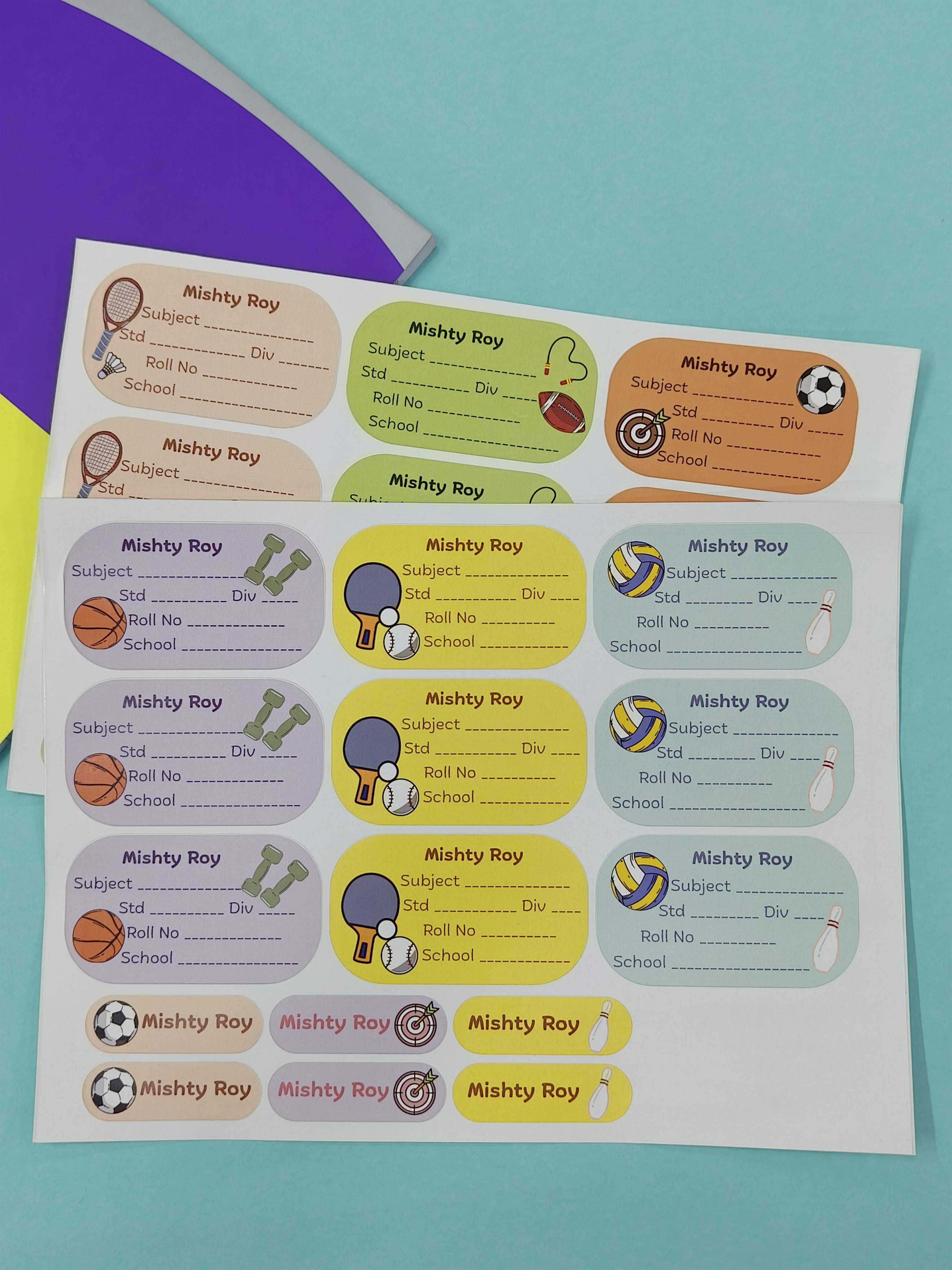 Personalized School Lables and Name Stickers | Sports Theme School Lables and Name Stickers | Custome Waterproof Name Label for Books, Notebooks, Water Bottles, Tiffins, Stationery, 27 Pieces