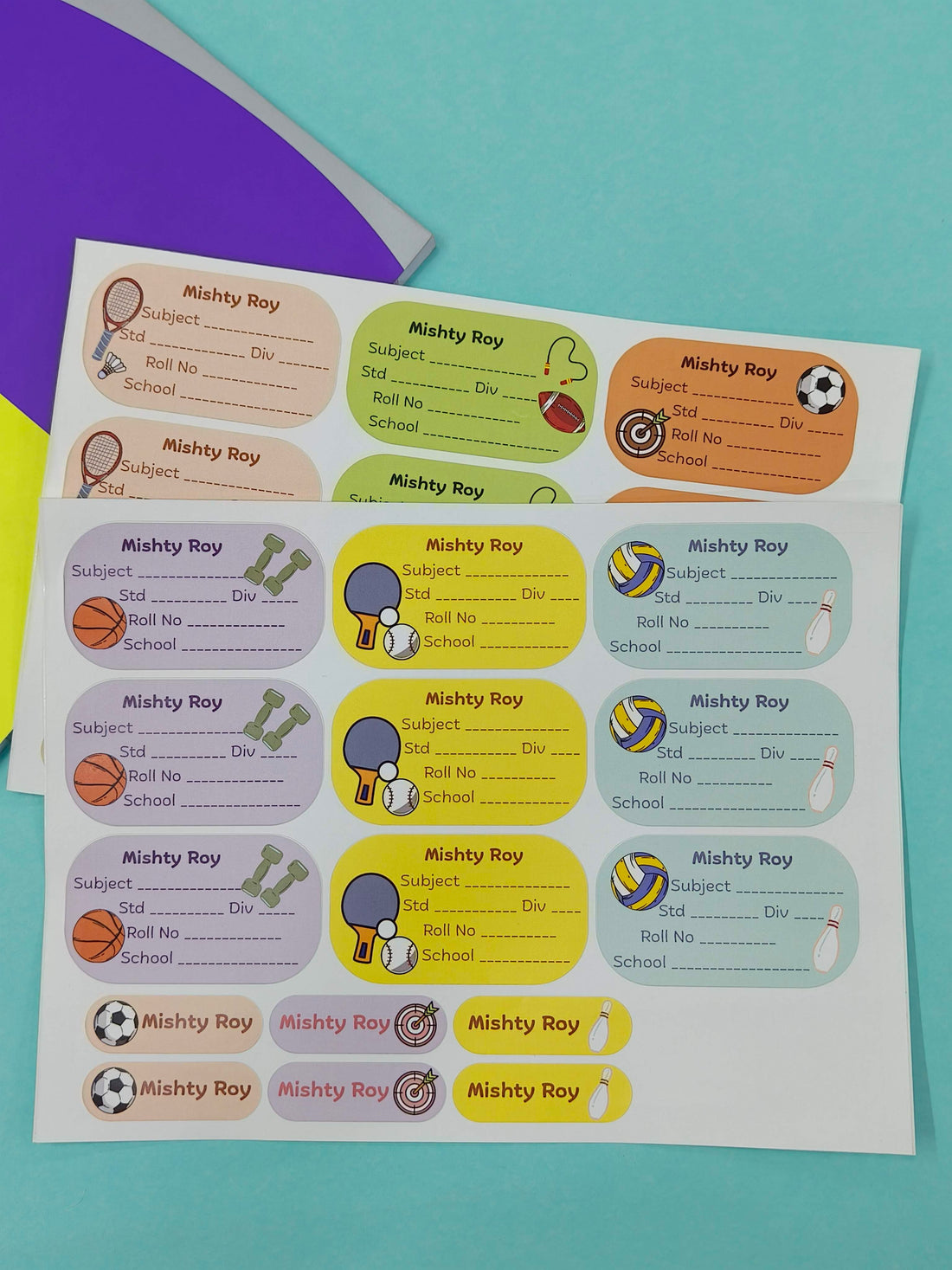 Personalized School Lables and Name Stickers | Sports Theme School Lables and Name Stickers | Custome Waterproof Name Label for Books, Notebooks, Water Bottles, Tiffins, Stationery, 27 Pieces