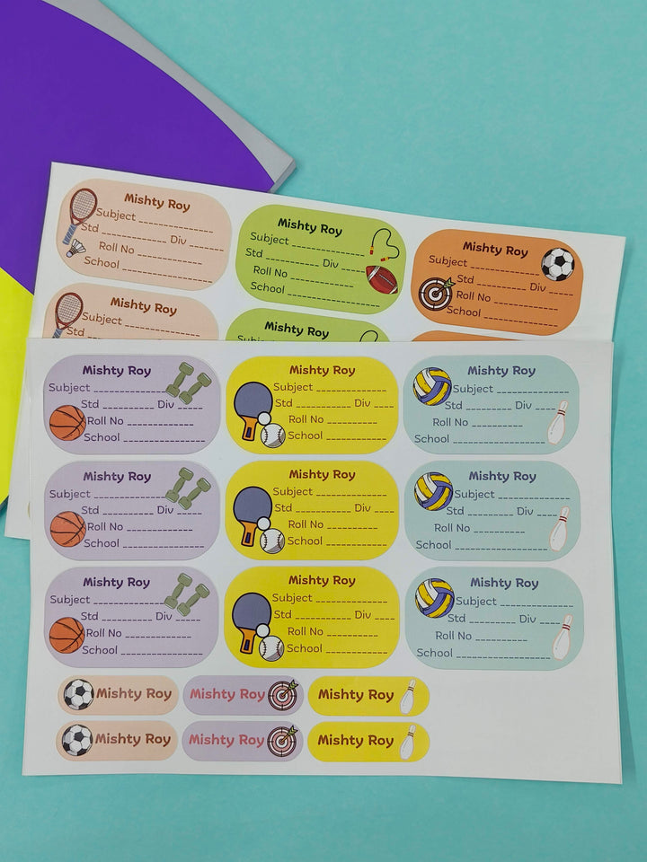Personalized School Lables and Name Stickers | Sports Theme School Lables and Name Stickers | Custome Waterproof Name Label for Books, Notebooks, Water Bottles, Tiffins, Stationery, 27 Pieces