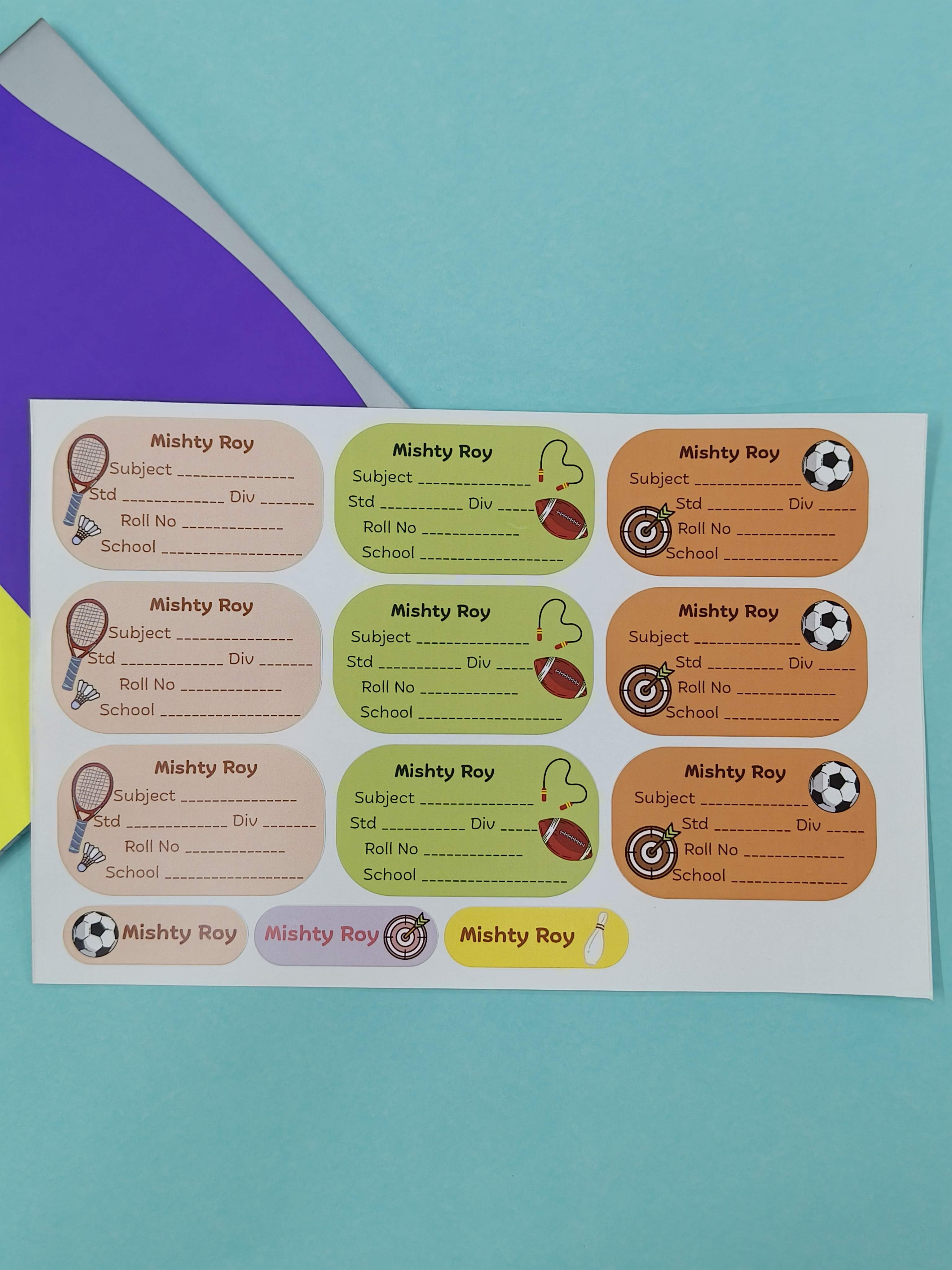 Personalized School Lables and Name Stickers | Sports Theme School Lables and Name Stickers | Custome Waterproof Name Label for Books, Notebooks, Water Bottles, Tiffins, Stationery, 27 Pieces