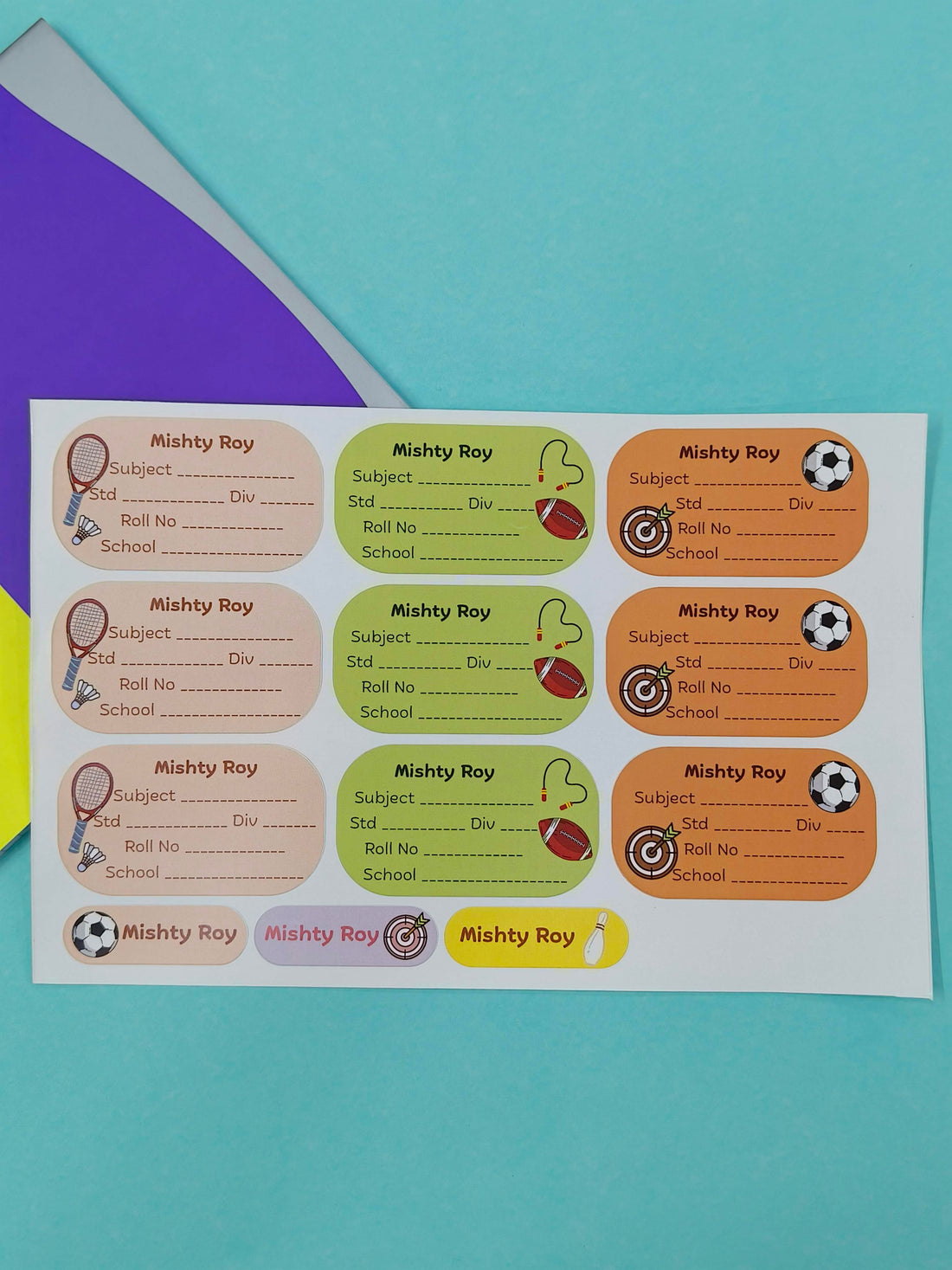 Personalized School Lables and Name Stickers | Sports Theme School Lables and Name Stickers | Custome Waterproof Name Label for Books, Notebooks, Water Bottles, Tiffins, Stationery, 27 Pieces