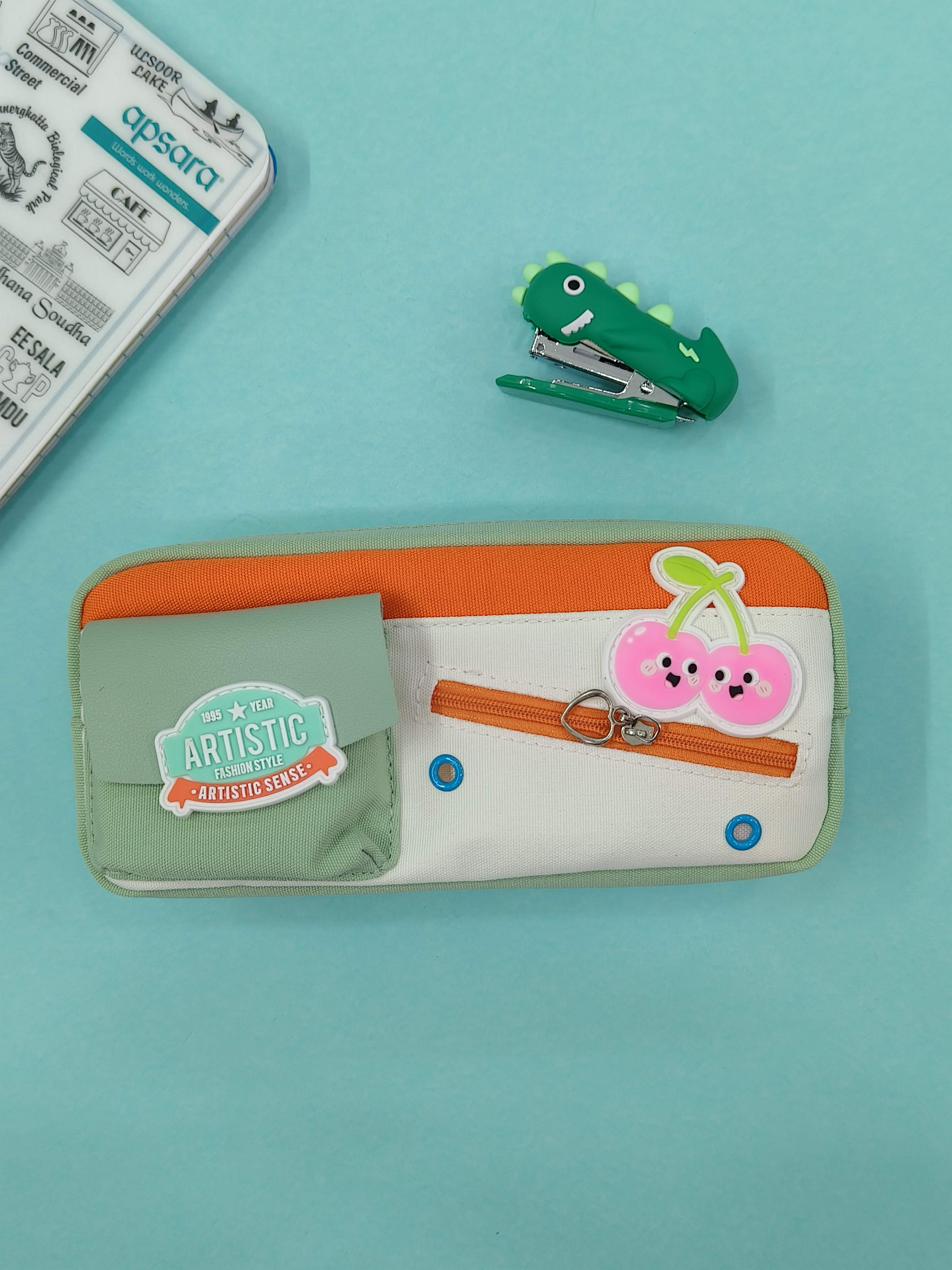 Cute Pencil Box for Girls & Boys | Unisex Pencil Pouch for School Kids | Zipper Pencil Case for Children | 3 Section Cherry Pencil Box for Kids