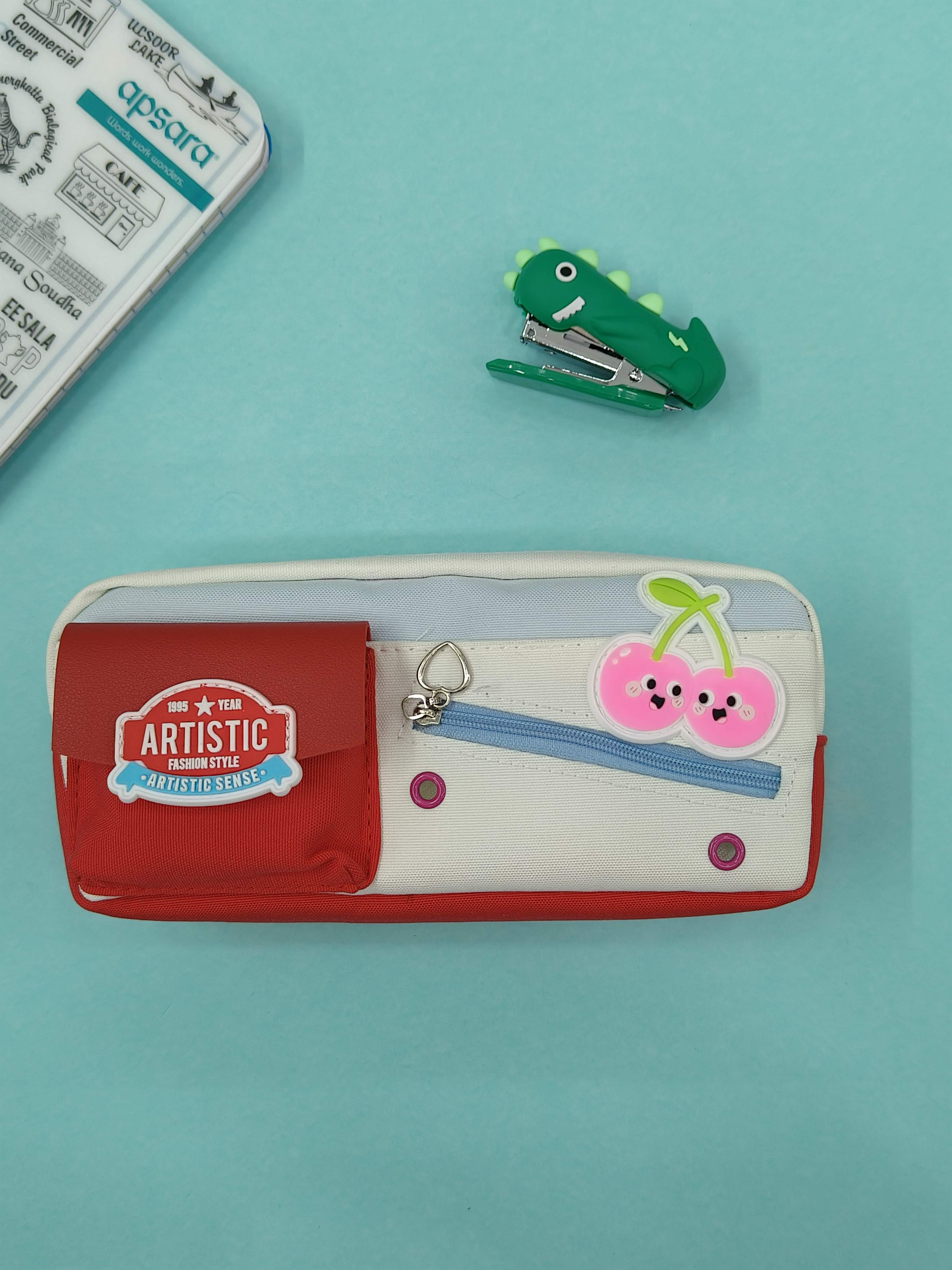 Cute Pencil Box for Girls & Boys | Unisex Pencil Pouch for School Kids | Zipper Pencil Case for Children | 3 Section Cherry Pencil Box for Kids