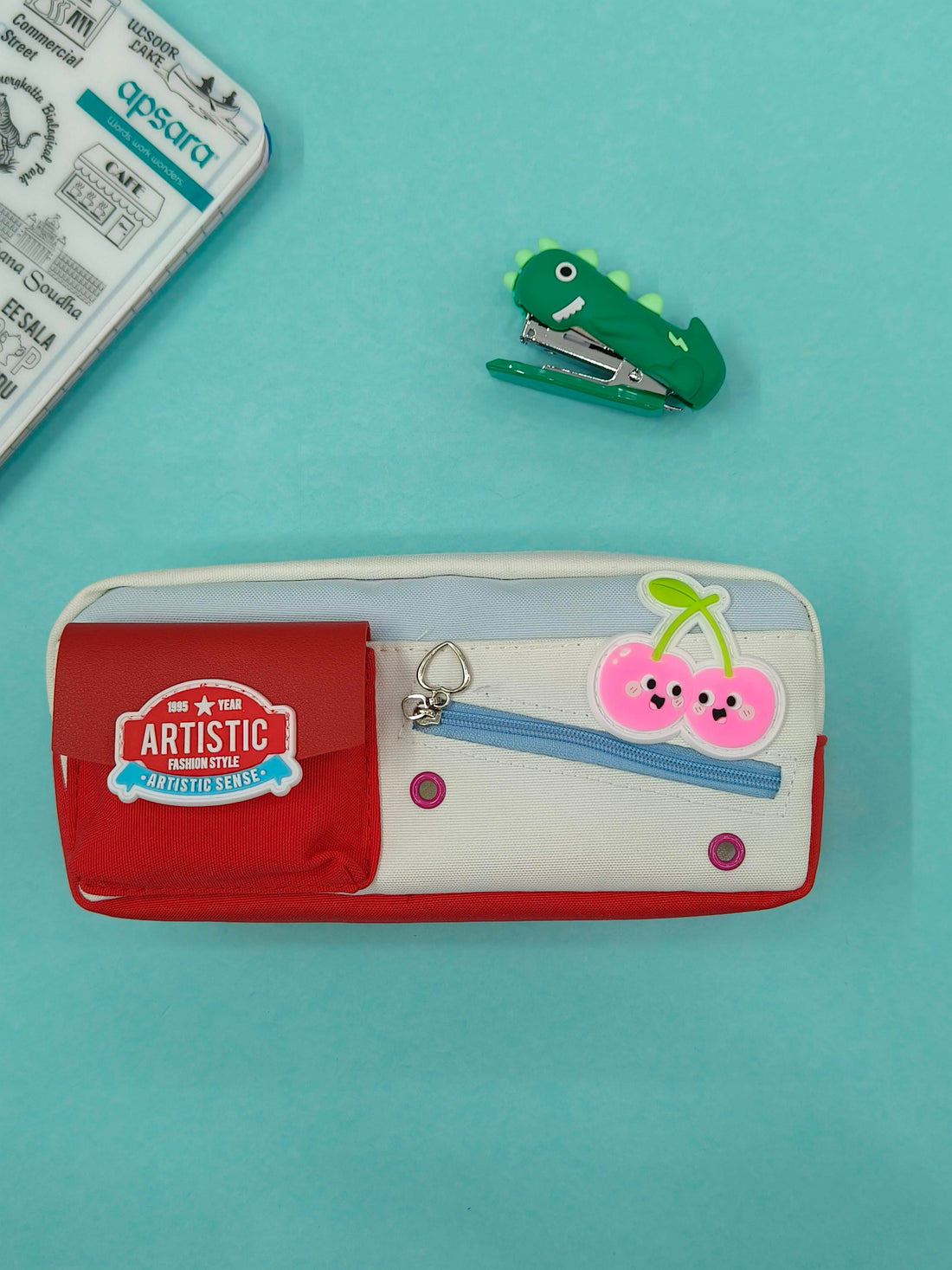 Cute Pencil Box for Girls & Boys | Unisex Pencil Pouch for School Kids | Zipper Pencil Case for Children | 3 Section Cherry Pencil Box for Kids
