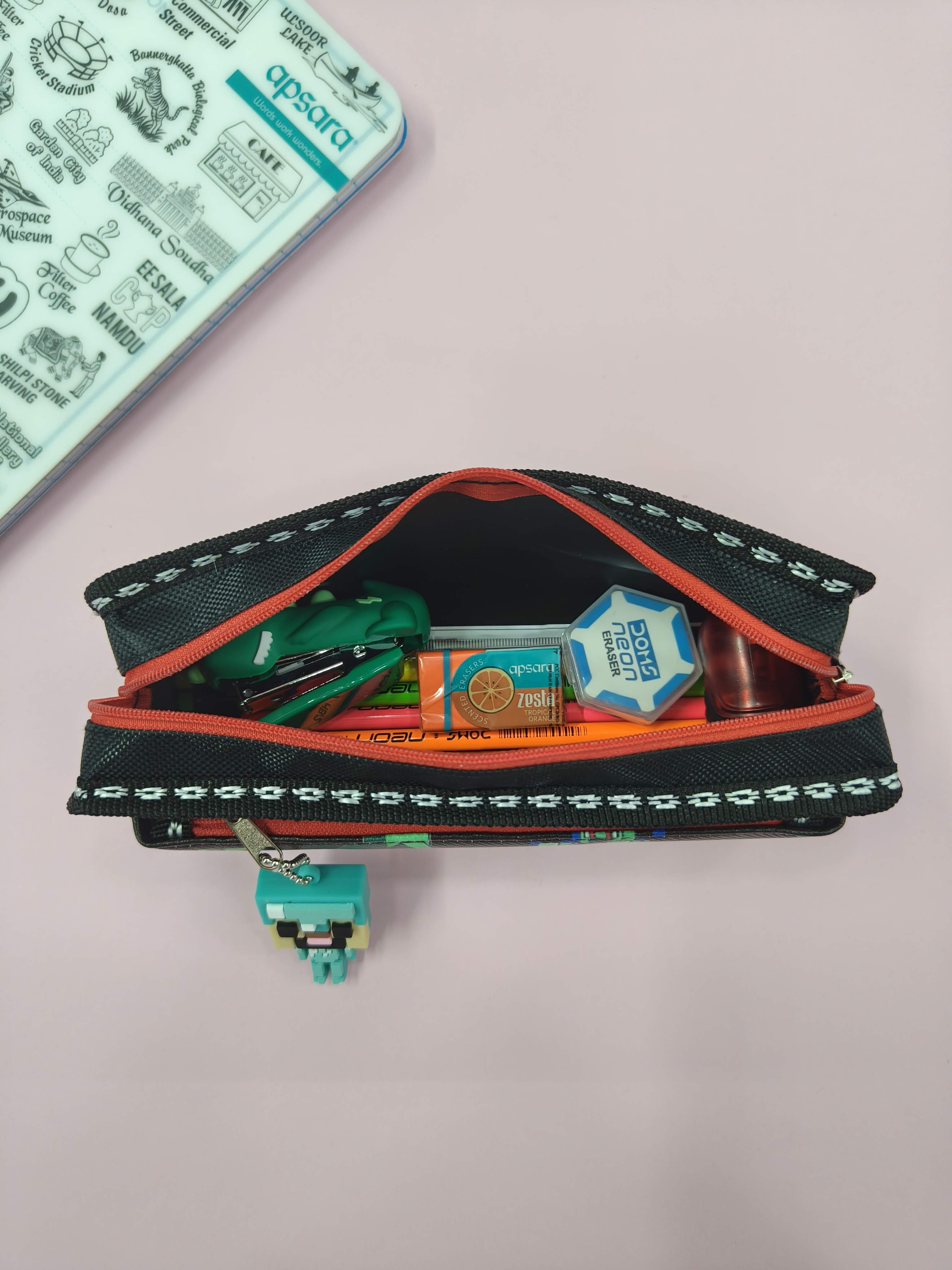 Mindcraft Pencil Pouch with Keychain | Pencil Pouch for Boys & Girls | Stationary Organizer | Pen Case | School | Kids | College | Students | Gifts