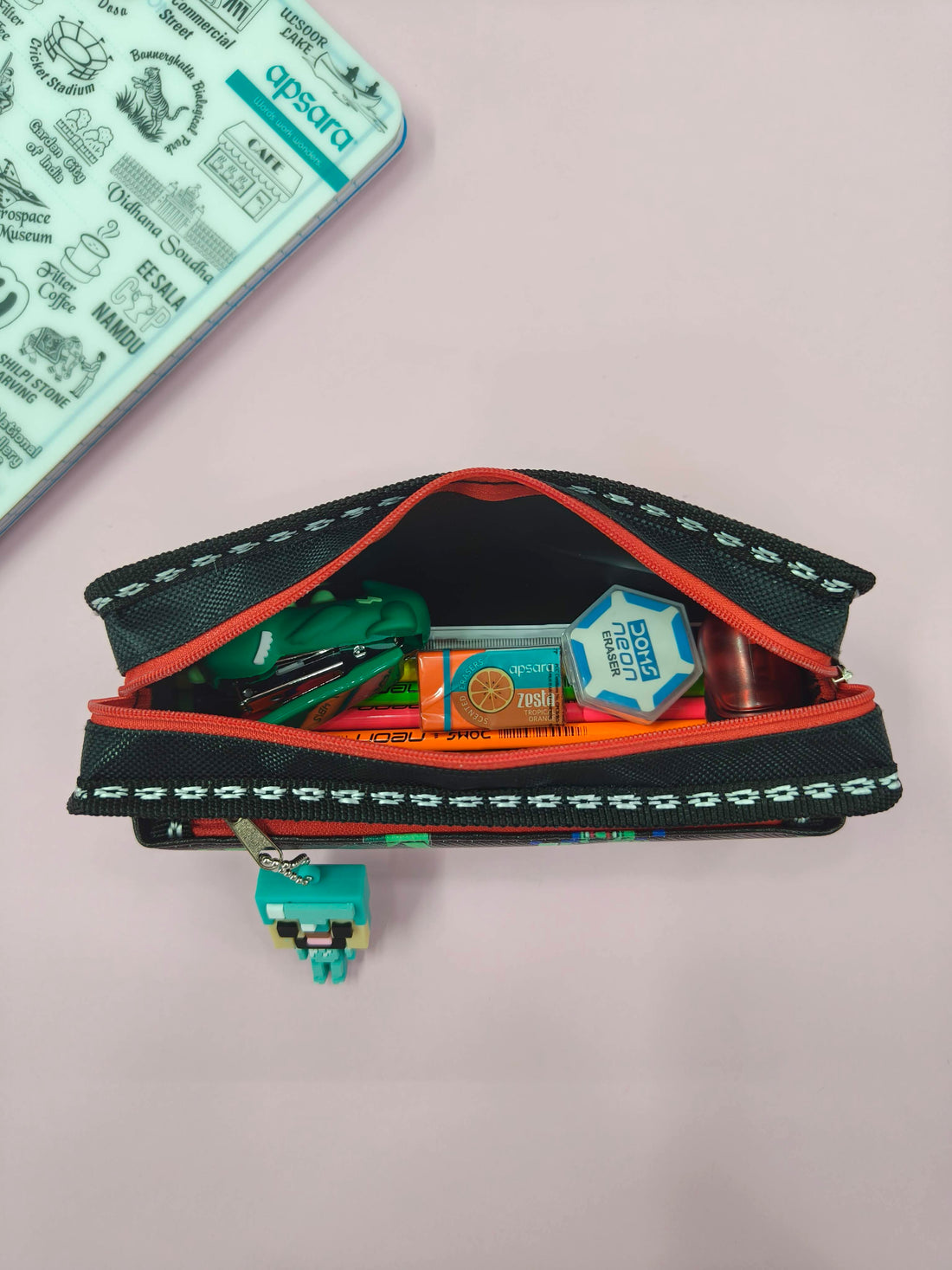 Mindcraft Pencil Pouch with Keychain | Pencil Pouch for Boys & Girls | Stationary Organizer | Pen Case | School | Kids | College | Students | Gifts