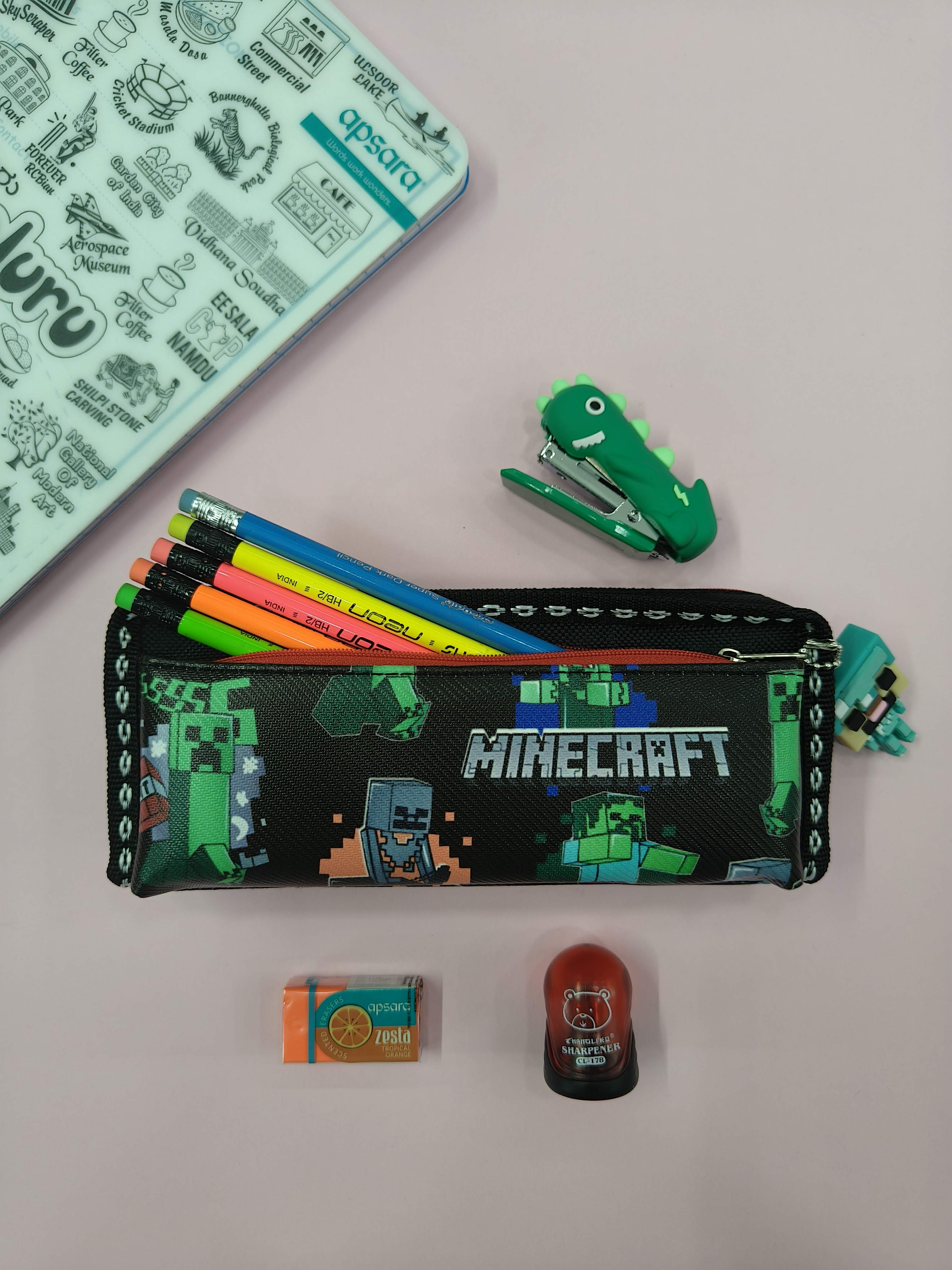 Mindcraft Pencil Pouch with Keychain | Pencil Pouch for Boys & Girls | Stationary Organizer | Pen Case | School | Kids | College | Students | Gifts