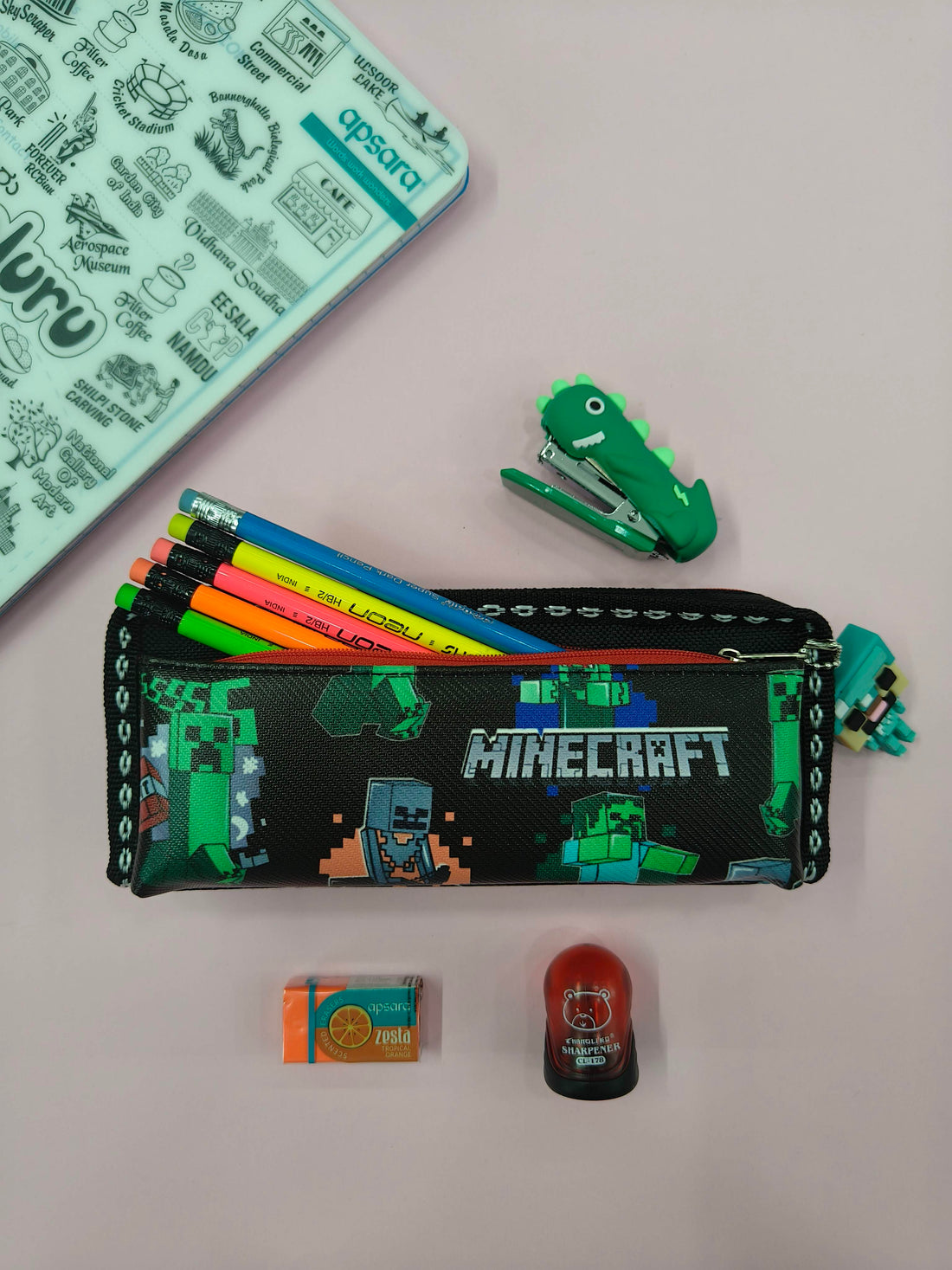 Mindcraft Pencil Pouch with Keychain | Pencil Pouch for Boys & Girls | Stationary Organizer | Pen Case | School | Kids | College | Students | Gifts