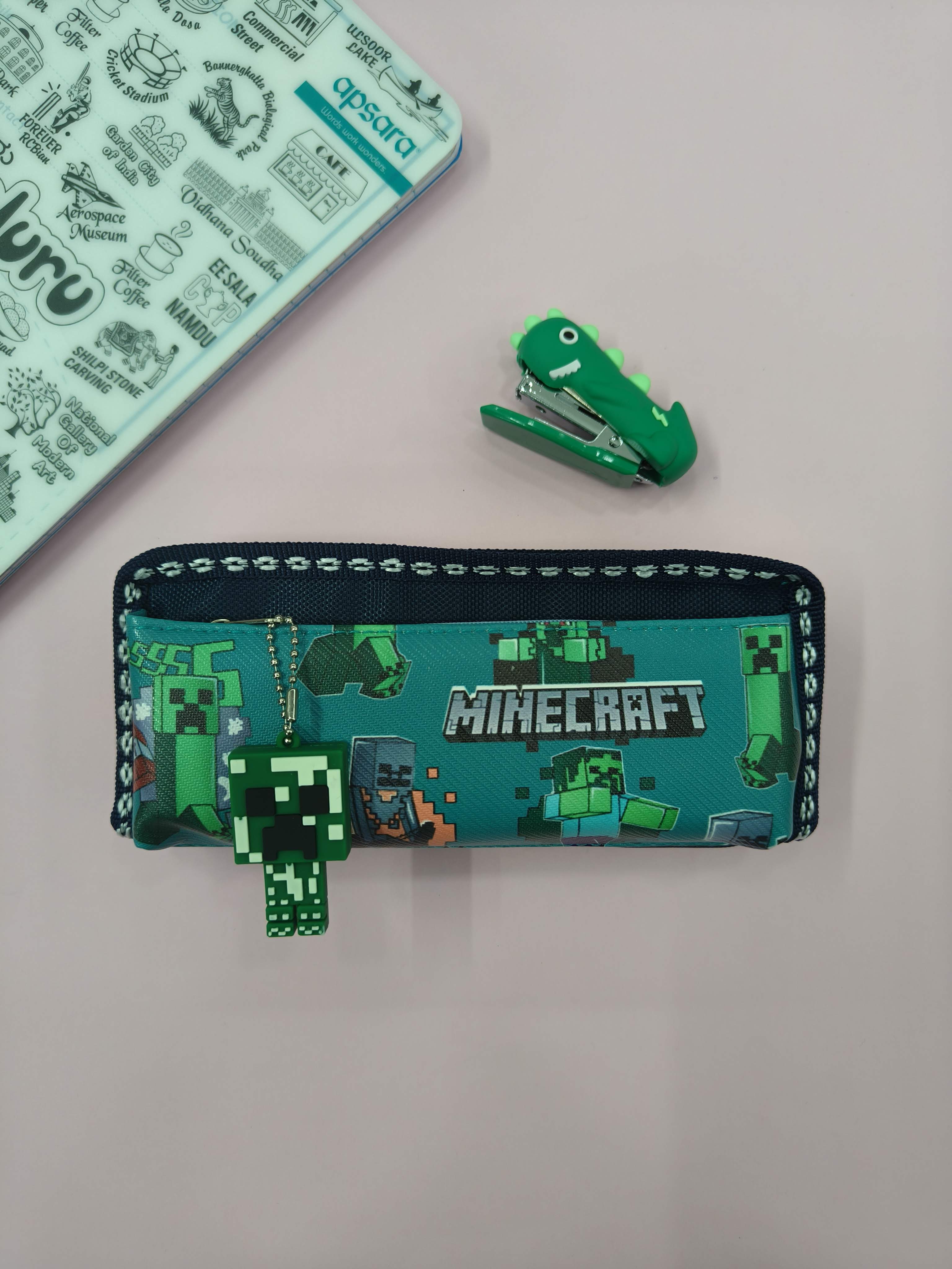 Mindcraft Pencil Pouch with Keychain | Pencil Pouch for Boys & Girls | Stationary Organizer | Pen Case | School | Kids | College | Students | Gifts