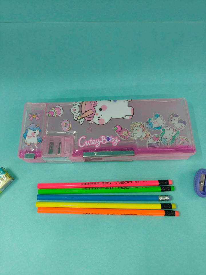 One-side Semi Transparent Magnatic Compass Box for Kids | Double Sided Magnetic Pencil Box for Kids | Stationery Storage Case with Sharpner for School Kids