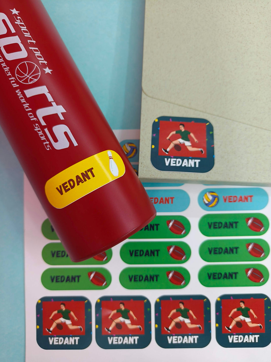 K to Y Personalized Waterproof Name Stickers for Kids | Waterproof Labels for School Notebooks, Lunch Box, Waterbottle, Stationery | Gift for Kids (Pack of 54) (Sports)