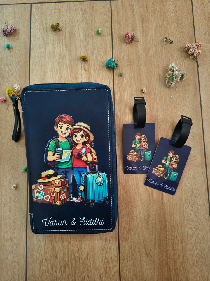 Travel Wallet Combo for Men & Women | Travel Organized with Luggage Tags Combo | Travel Organized with Zip Around Closure Made of PU Based | Personalized Travel Combo with Custom Image and Name | Gift for Anniversary, Birthday & Couple
