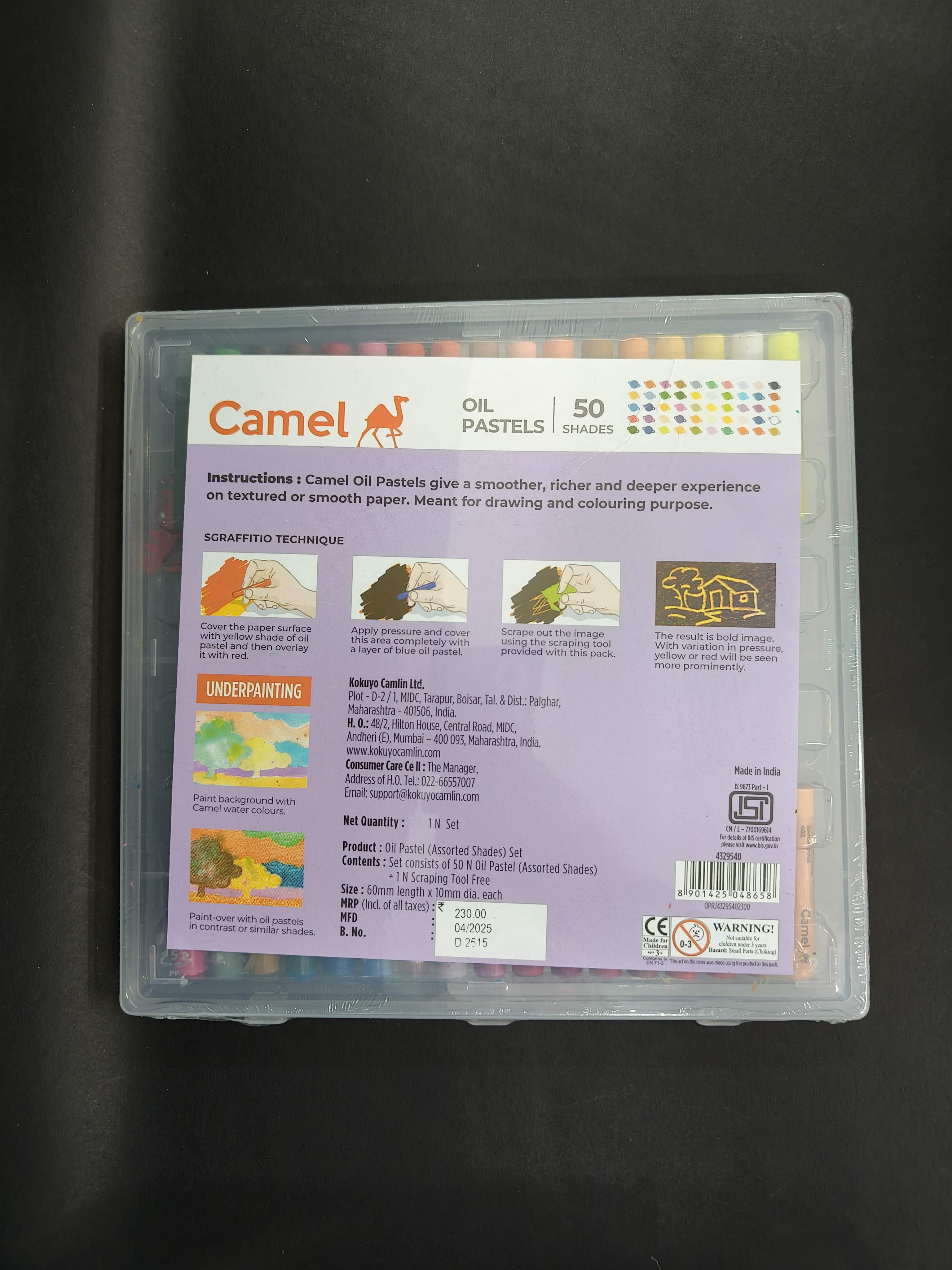Camel Oil Pastel with Reusable Plastic Box - 50 Shades, Multicolor