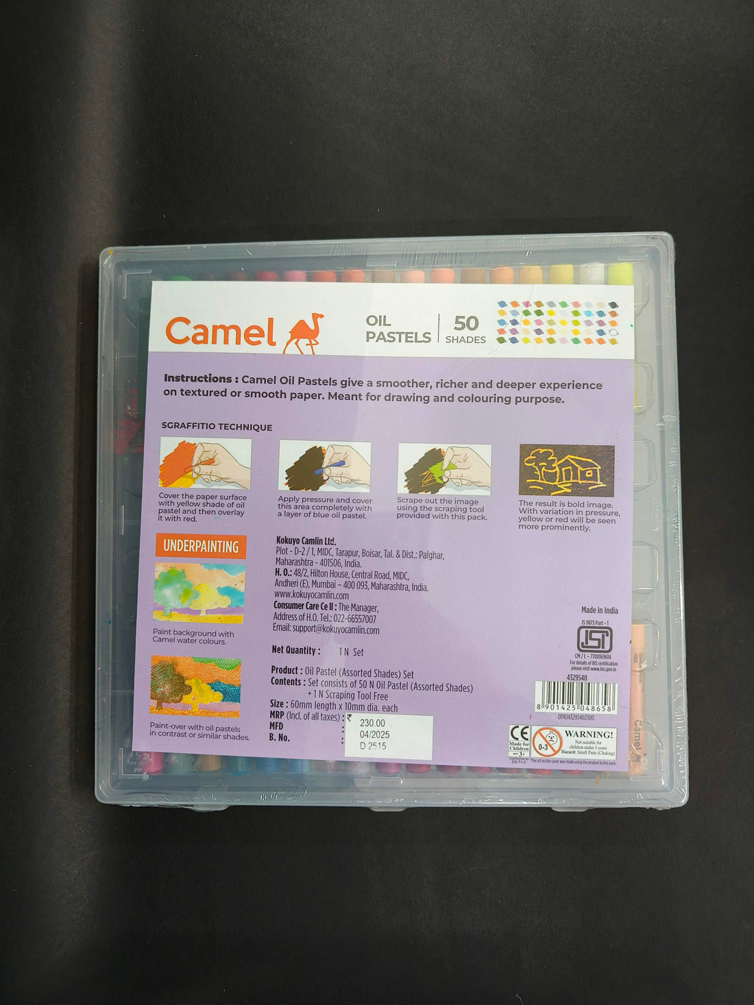 Camel Oil Pastel with Reusable Plastic Box - 50 Shades, Multicolor