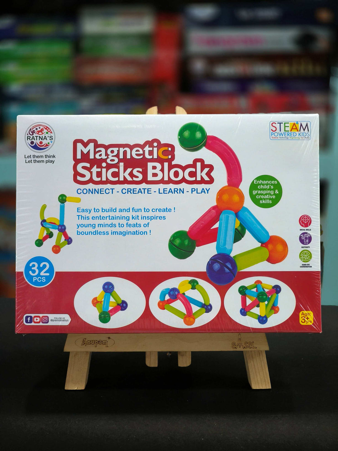 RATNA'S Magnetic Building Blocks Set, 32 Pieces, STEAM Learning Educational Toy with Magnetic Colourful Sticks and Balls for Kids 3+ Years - KtoY