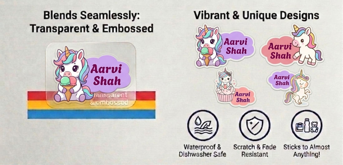 Embossed Stickers | Transparent Personalized Name Stickers for Bags, Books, Tiffins, Waterbottles, Stationeries, Files, Folders, etc | Waterproof & Non-Tearable | Set of 40 (Unicorn)