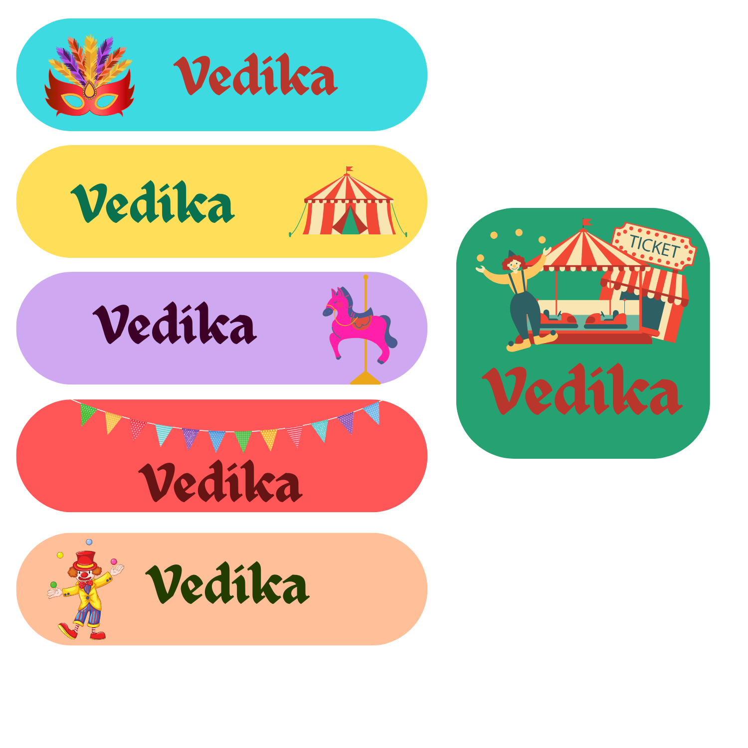 K to Y Personalized Waterproof Name Stickers for Kids | Waterproof Labels for School Notebooks, Lunch Box, Waterbottle, Stationery | Gift for Kids (Pack of 54) (Carnival)