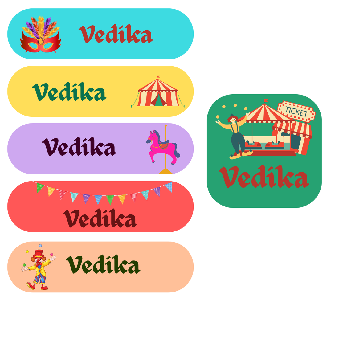 K to Y Personalized Waterproof Name Stickers for Kids | Waterproof Labels for School Notebooks, Lunch Box, Waterbottle, Stationery | Gift for Kids (Pack of 54) (Carnival)