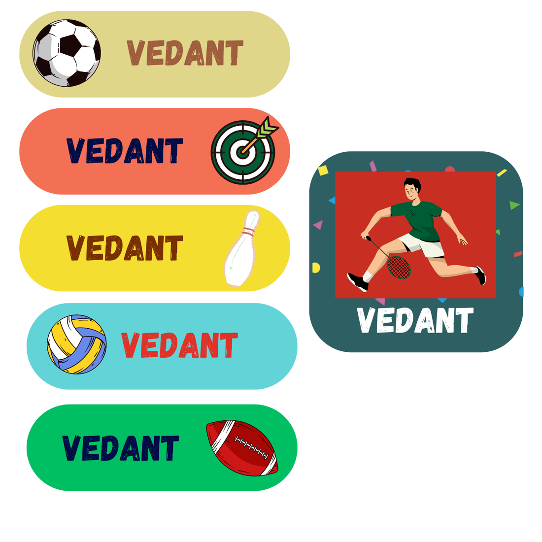 K to Y Personalized Waterproof Name Stickers for Kids | Waterproof Labels for School Notebooks, Lunch Box, Waterbottle, Stationery | Gift for Kids (Pack of 54) (Sports)
