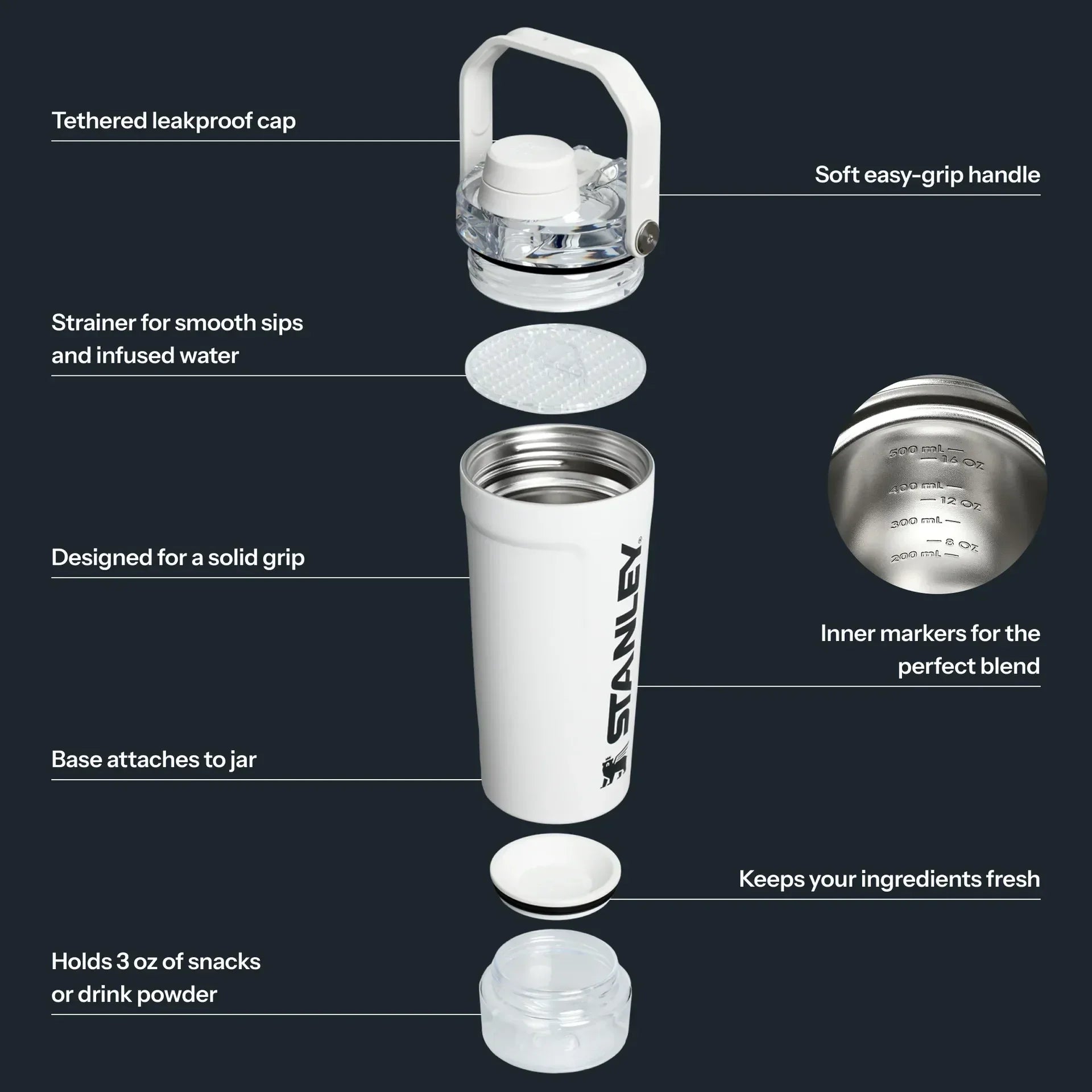 STANLEY Vitalize Shaker Bottle 20 oz | Leakproof Insulated Stainless Steel Shaker Cup | Base Storage and Twist On Fast Flow Lid | Protein Shakes and Pre Workout Powder | BPA-Free